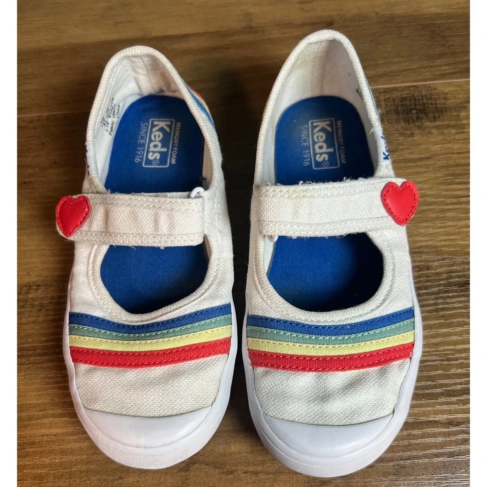 Keds Harper Rainbow Stripe Mary Jane Sneakers White Girls 11M KL161661 Heart
